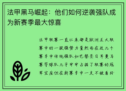 法甲黑马崛起：他们如何逆袭强队成为新赛季最大惊喜
