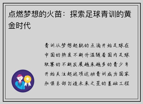 点燃梦想的火苗：探索足球青训的黄金时代