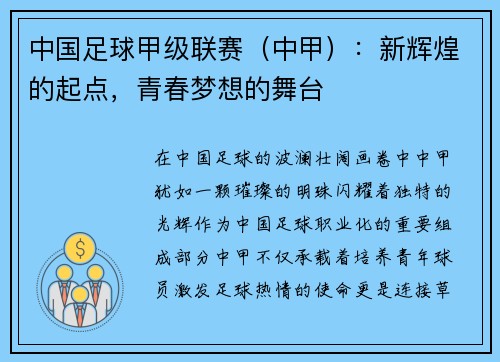 中国足球甲级联赛（中甲）：新辉煌的起点，青春梦想的舞台