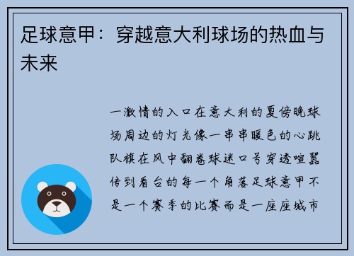 足球意甲：穿越意大利球场的热血与未来